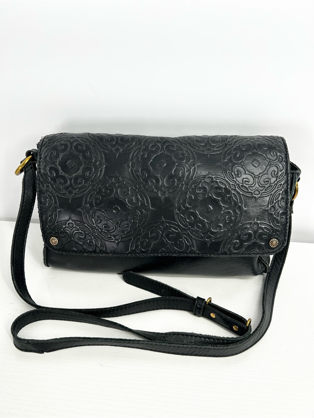 The Sak Black Leather Crossbody Bag Floral Embossed Flap Purse Boho